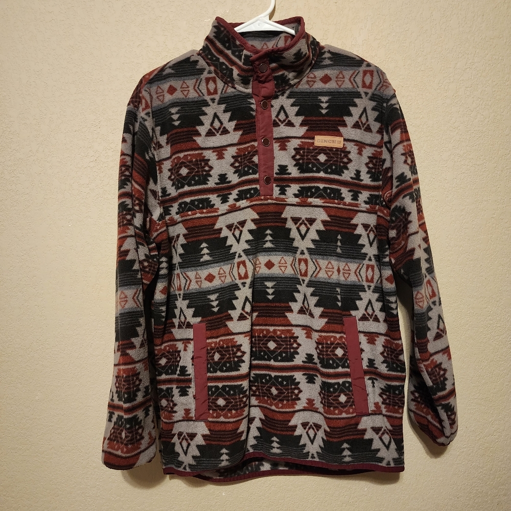 Cinch Aztec Print Polar Fleece Red Gray Mens Size Medium Pullover Snap Button